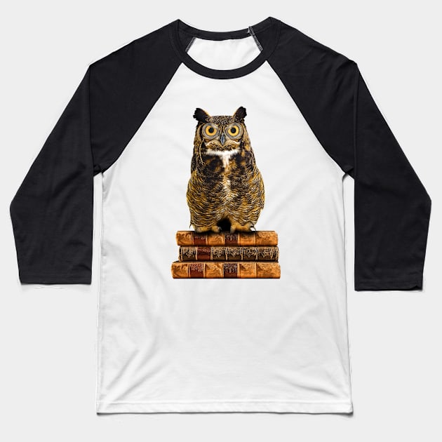 Great Horned Owl on Old Books Baseball T-Shirt by SirLeeTees